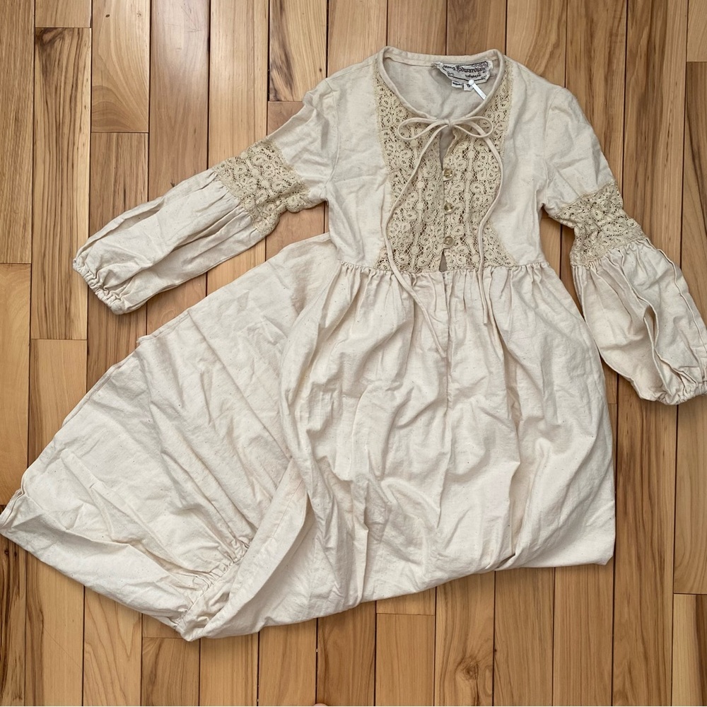 Vintage Young Edwardian Cream Canvas Prairie Bohemian Maxi Dress With Lace
